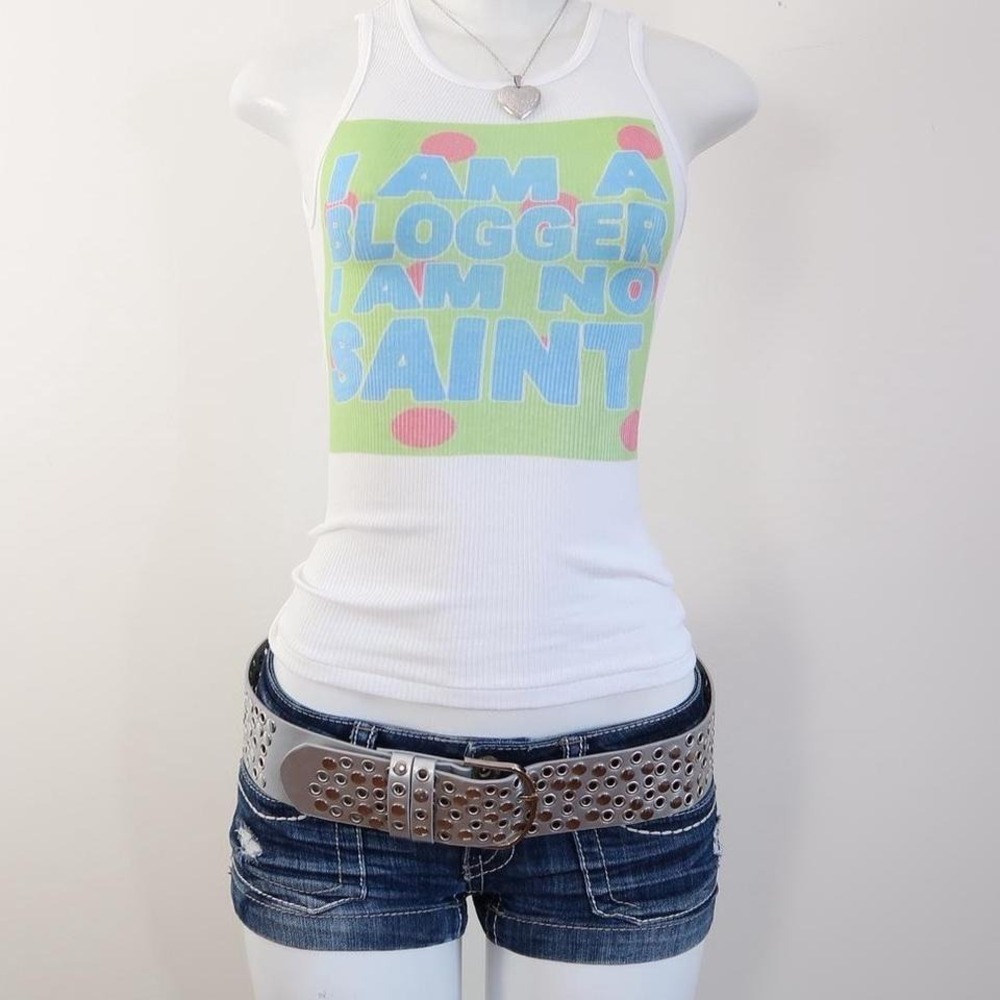 2010s i am a blogger graphic tank white ribbed polka dot baby tee size S